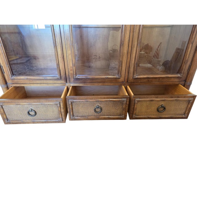 Traditional Vintage Thomasville Faux Bamboo and Cane Glass Display Cabinet China Hutch For Sale - Image 3 of 17
