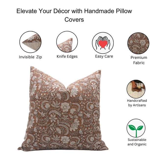 Handmade Block Print Decorative Cushion Cover 16x16 Inch Thick Linen- Kundanvan For Sale - Image 4 of 4