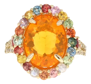 5.24 Carat Fire Opal Sapphire Diamond 14 Karat Yellow Gold Cocktail Ring Size 7
