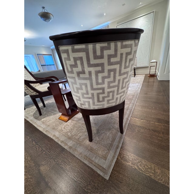 Transitional Pair of Custom Dark Wood Scroll Arm Accent Chairs – Greek Key Upholstery For Sale - Image 3 of 9