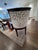 Transitional Pair of Custom Dark Wood Scroll Arm Accent Chairs – Greek Key Upholstery For Sale - Image 3 of 9