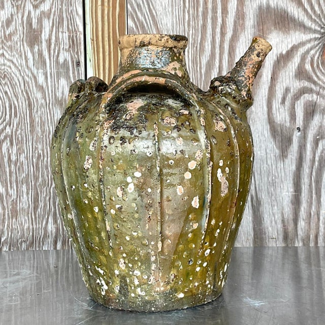 Rustic Vintage Boho Patinated Matte Glazed Ceramic Urn For Sale - Image 3 of 7