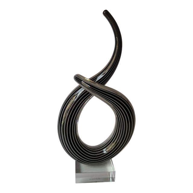 Murano Vintage Hand Blown Glass Sculpture, Twisted Ribbon Love Knot on a Clear Crystal Base For Sale