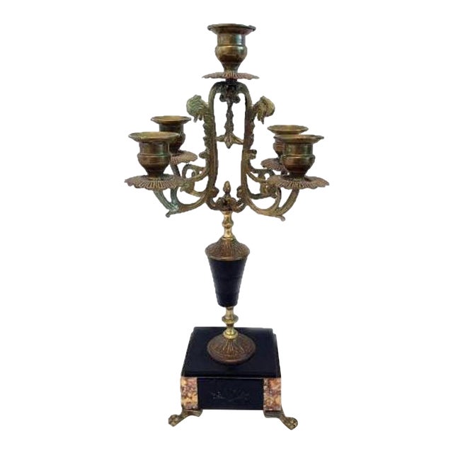 French Antique Bronze Black Inlaid Marble & Birds Candelabra Empire