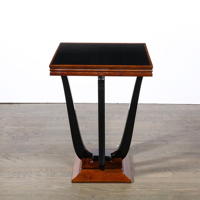 Art Deco Machine Age Square Walnut Occasional Table W/ Black Mirror Glass Top For Sale - Image 9 of 13