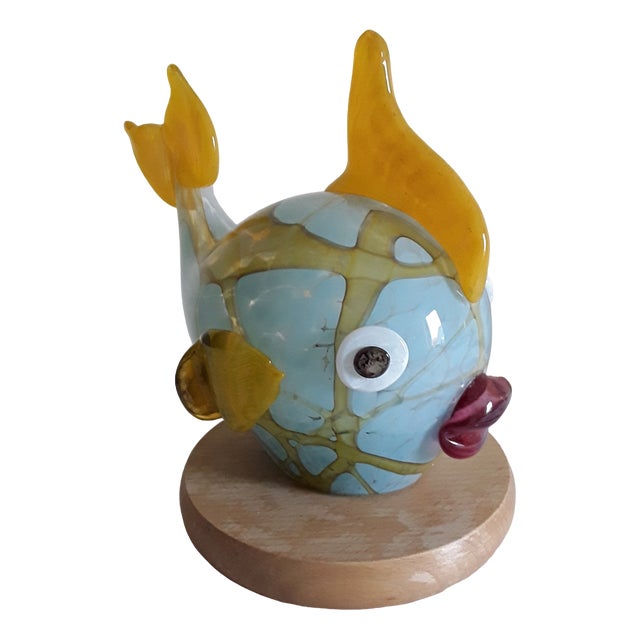 Vintage Fish Table Lamp in Colored Glass & Beech from Joska-Kristall, 1990s For Sale
