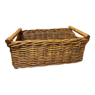Late 20th Century Vintage French Country Rustic Style Wicker Basket With Bamboo Handles For Sale