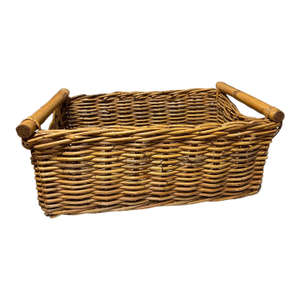 Late 20th Century Vintage French Country Rustic Style Wicker Basket With Bamboo Handles