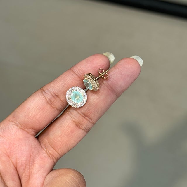 1.93cts Double Halo Diamond Set Paraiba Tourmaline Earrings in 14k Gold- A Pair For Sale In New York - Image 6 of 16