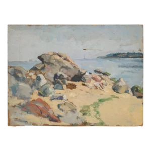 Antique Early 20th Century American Impressionist Seascape Oil Painting on Board of a Rocky Beach