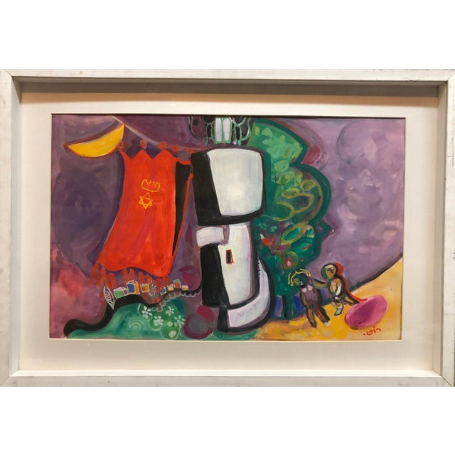 Surrealism Leo Roth, Israeli Kibbutz Artist Judaica Shul Torah Ark Surrealist Gouache Painting For Sale - Image 3 of 6