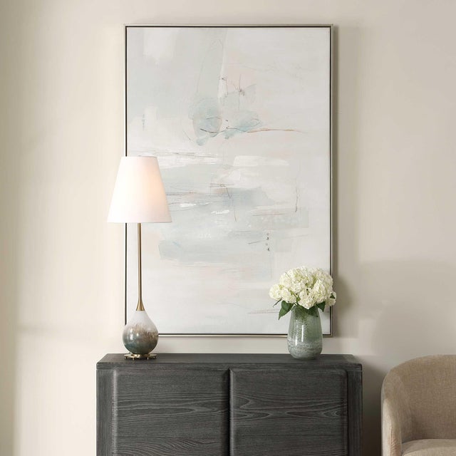In This Hand Painted Abstract, Light, Airy Shades Of Gray And Sand Gently Merge With Cool Blue Undertones, Enhanced By...