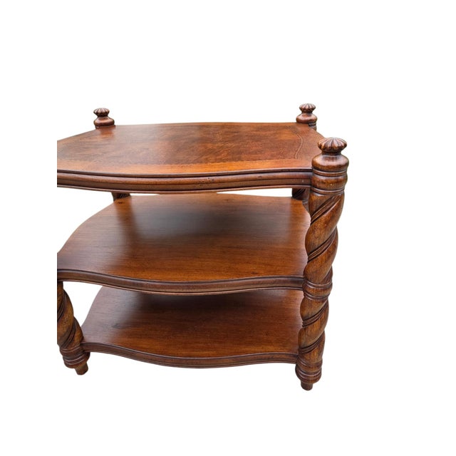 Wood 1990s Thomasville British Gentry End Table Burlwood Top End Table 3 Tier Barley Twist For Sale - Image 7 of 11