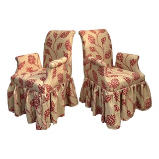 Pair of Vintage Skirted Swan Arm Chairs With Red Embroidered Textile For Sale