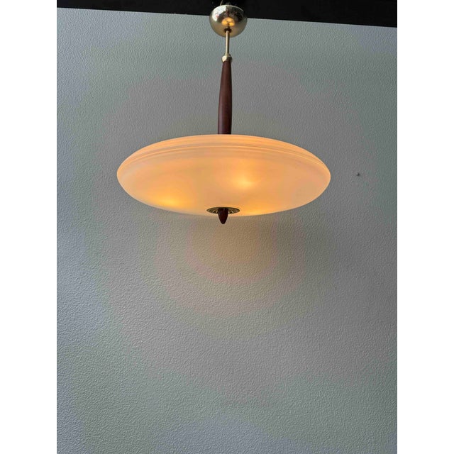 Mid-Century Modern Pendant Lamp in Brass and Teak with Frosted Glass, Italy, 1980s For Sale - Image 3 of 18