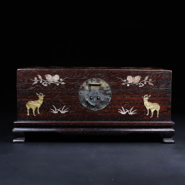 Antique Chinese Hardwood Inlaid "Mandarin Ducks" Jewelry Box With Bronze Lock For Sale - Image 4 of 10