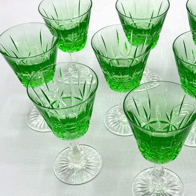 Vintage Emerald Green Cut Crystal Wine Glasses from Cristalería San Carlos, Argentina, 1950s, Set of 8 For Sale - Image 15 of 18
