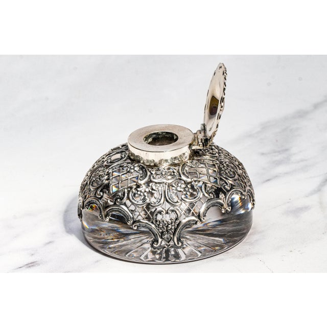 Silver Elegant Large Edwardian English Sterling Silver Crystal Paperweight Desk Inkwell For Sale - Image 8 of 13