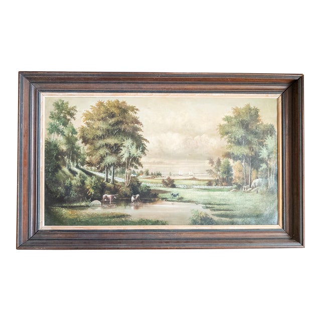 19th Century English or American Rustic Landscape Oil Painting With Cows For Sale