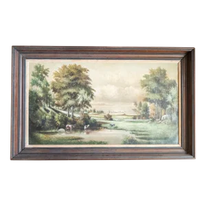 19th Century English or American Rustic Landscape Oil Painting With Cows