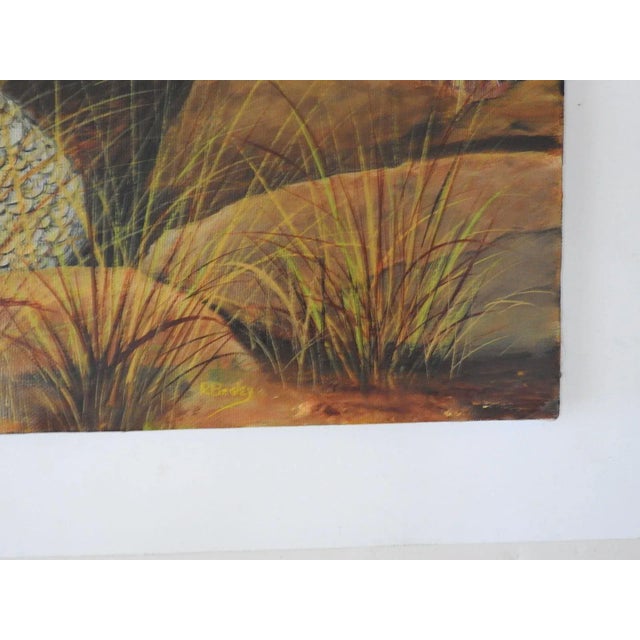 Vintage late 20th century oil on canvas painting of quail in a cactus patch. Signed R. Begley lower right corner. Unframed.