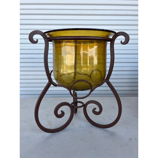 1960s Vintage Cast Iron & Amber Glass Large Candle Holder or Planter For Sale - Image 5 of 10