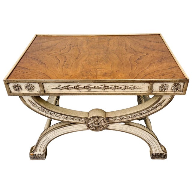1960 Neoclassical Regency Style Burl Walnut & Painted Curule Accent Tables by Heritage - Pair For Sale - Image 10 of 15