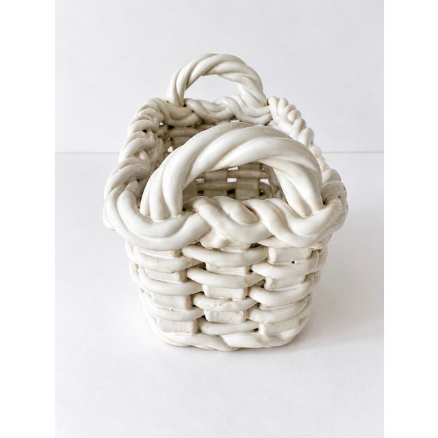 1980s White Ceramic Woven Lattice Rectangular Handled Cachepot or Basket For Sale - Image 10 of 11