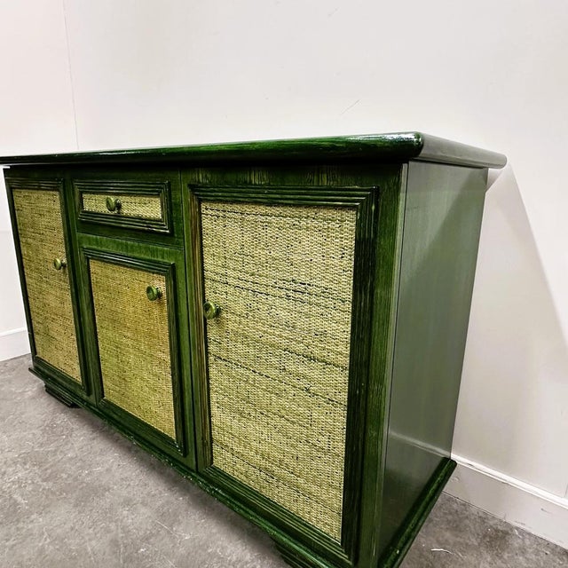 Wood Vintage Green Lacquered Sideboard with Woven Cane Panels, Italy, 1980s For Sale - Image 7 of 15