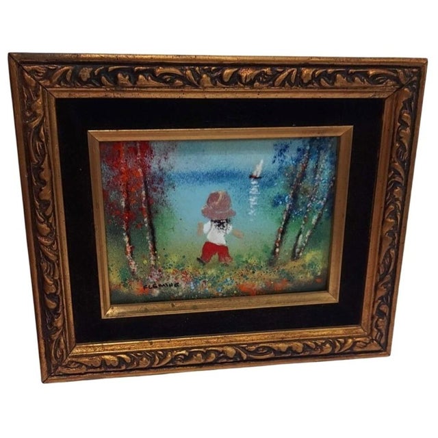 Late 20th Century Late 20th Century Fleming Child With Sailboat Painting Enamel on Copper Framed Horizontal For Sale - Image 5 of 8