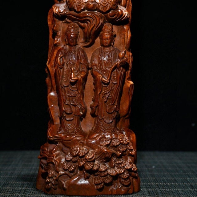 Vintage Chinese Boxwood Carving of the Buddhist Triad (Western Paradise) For Sale - Image 4 of 9