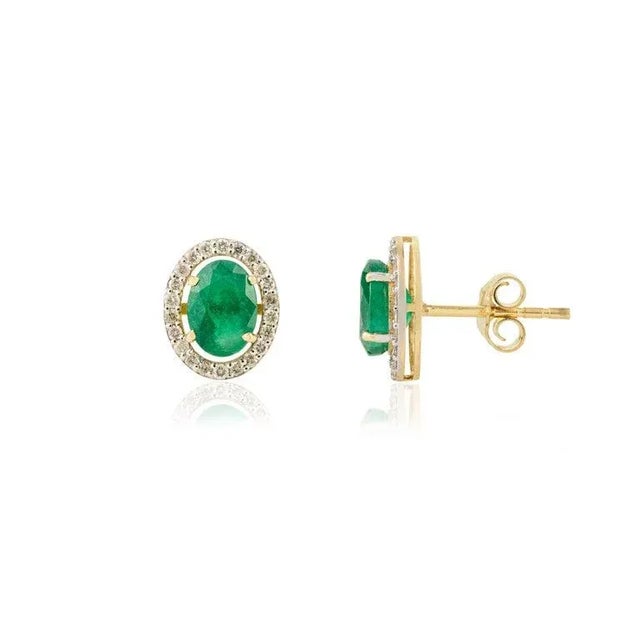 14k Gold Oval Emerald Halo Diamond Stud Earrings- 2 Pieces For Sale In New York - Image 6 of 7