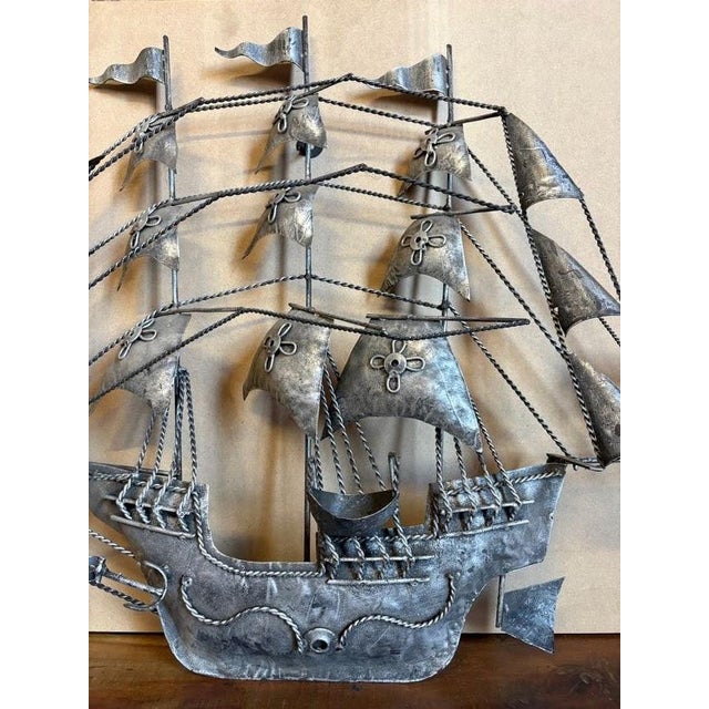 Vintage Brutalist Welded Metal Sailing Ship Wall Sculpture Mid Century For Sale - Image 13 of 17