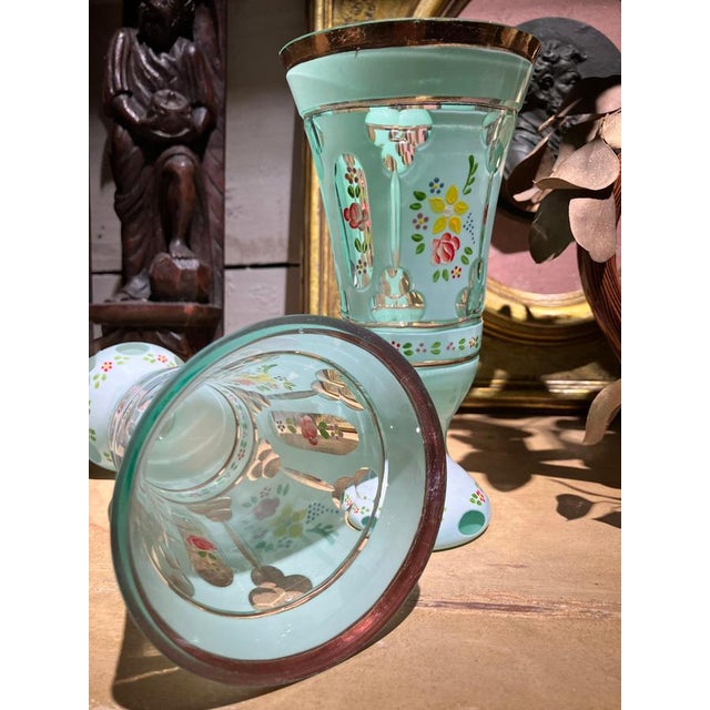 Antique Bohemian Blue Opaline Glass Goblets with Gilt Rims and Florals, Set of 2 For Sale - Image 6 of 8