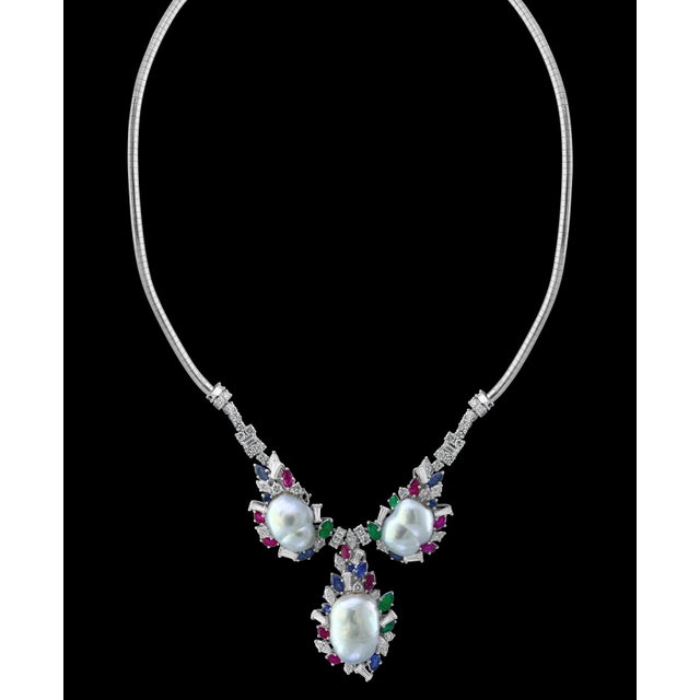 Emerald Ruby Sapphire Diamond Pearl Necklace Set in 18 Karat Gold For Sale - Image 18 of 18