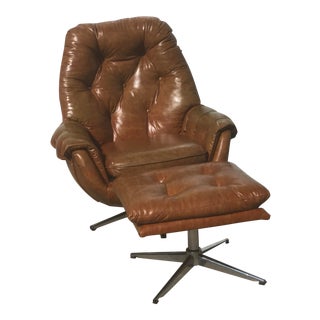 1960s Danish Tan Leather Lounge Chair and Ottoman - 2 Pieces For Sale