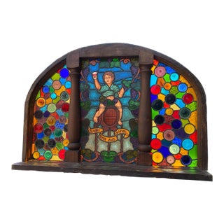 1930s Stained Glass Roundel Windows Featuring Boy on a Barrel of Wine For Sale