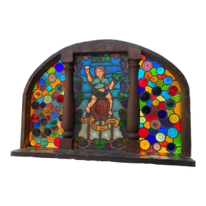 1930s Stained Glass Roundel Windows Featuring Boy on a Barrel of Wine