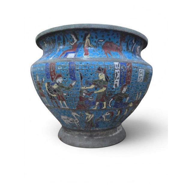 Metal Egyptian Revival Cloisonné Jardinière with Polychrome Decoration, 1900 For Sale - Image 7 of 12