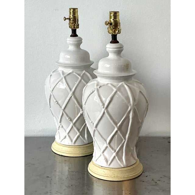 Metal Vintage Glazed Ceramic Trellis Lamps - A Pair For Sale - Image 7 of 12