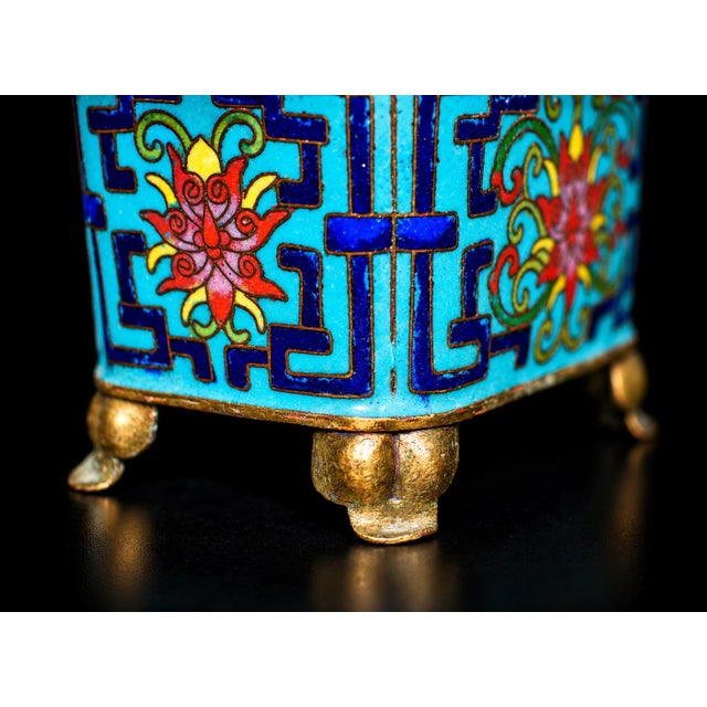 Chinese Antique Cloisonne Censer Brass Incense Burner Turquoise Enamel For Sale - Image 9 of 13