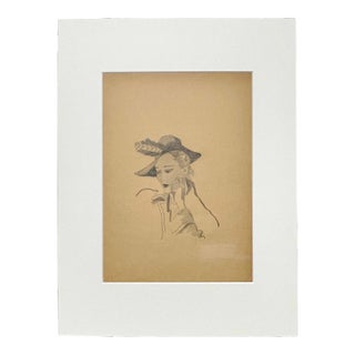 Early 1940s Fashion Study Featuring a Woman With a Feathered Hat For Sale