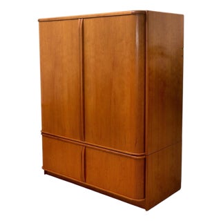 Vintage Mid-Century Modern Tambour Media Cabinet With Curved Wood Doors For Sale