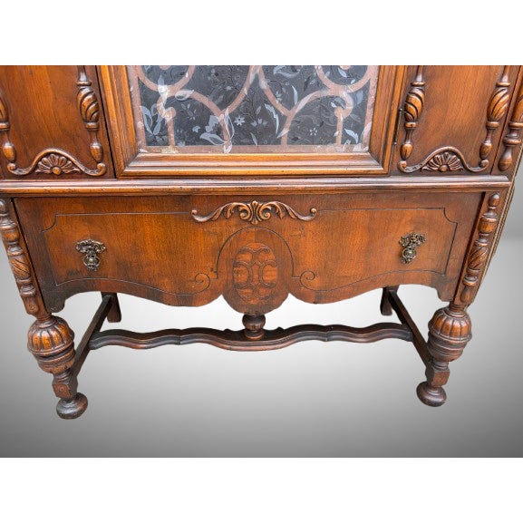 Wood Antique 1920s Jacobean Revival Walnut Dining Room China Cabinet / Bookcase For Sale - Image 7 of 10