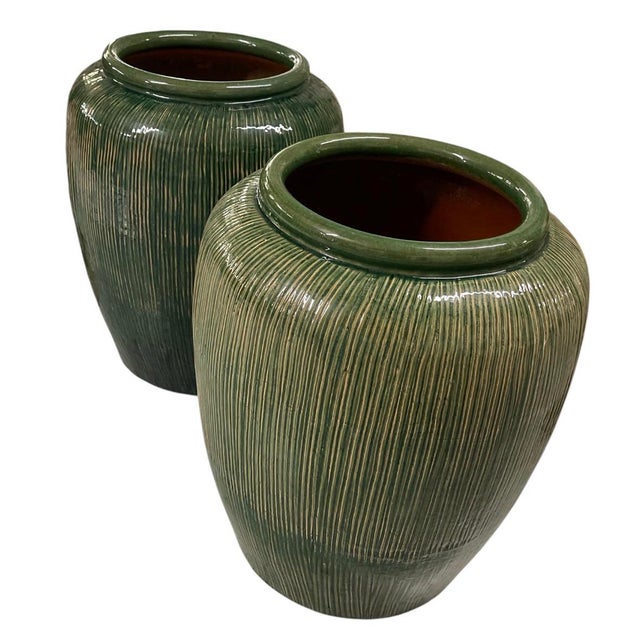 A Pair of Large Mid-Century Modern Ribbed Green Glazed Ceramic Ovoid Planters For Sale - Image 4 of 12
