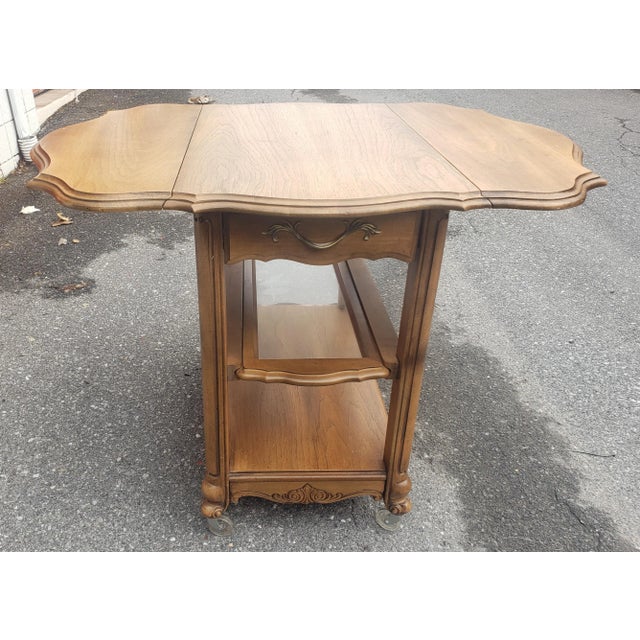 Mid-Century French Provincial Oak Drop-Leaf Three Tier Rolling Bar Cart For Sale - Image 4 of 8