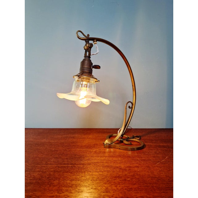 Art Nouveau Table Lamp in Bronze and Brass with Opalescent Glass Shade, France, 1900s For Sale - Image 10 of 14