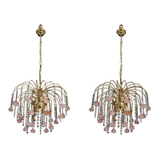 1980s Meryl Streep, Pink Murano Flowers and Crystal Drops Chandelier - Set of 2 For Sale
