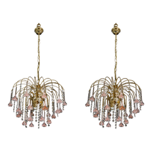 1980s Meryl Streep, Pink Murano Flowers and Crystal Drops Chandelier - Set of 2