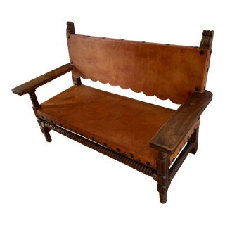 South Western Style Leather Bench For Sale